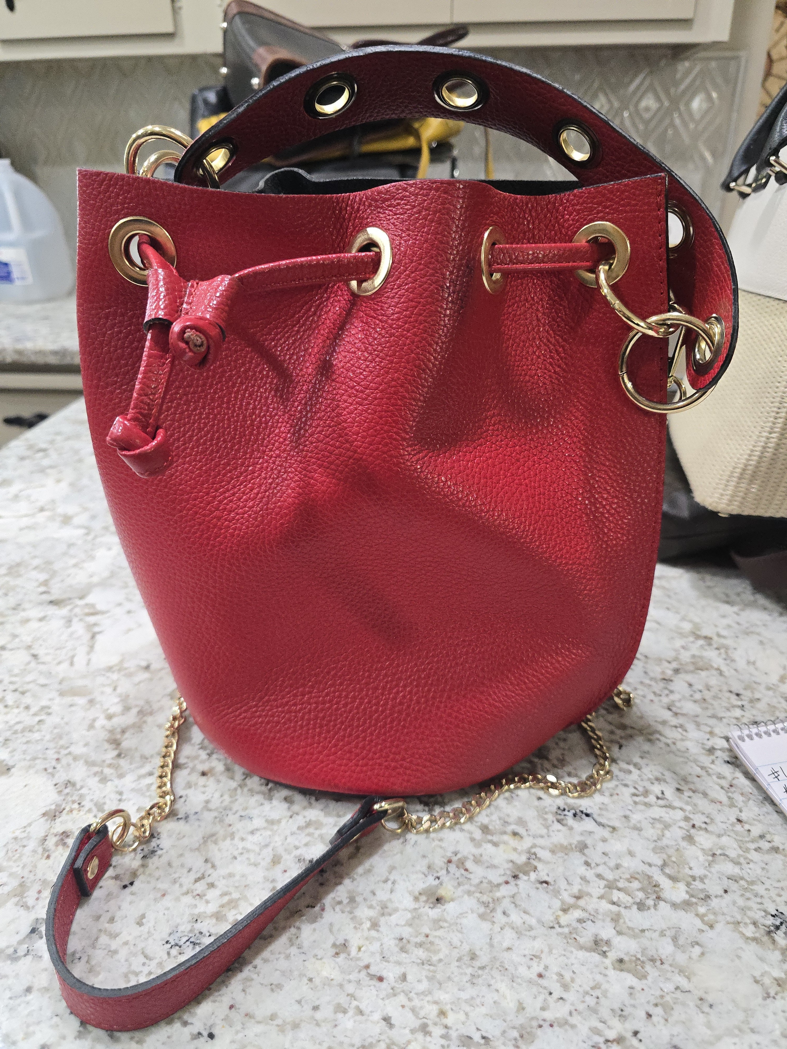 Red Leather Bucket Crossbody Bag With Gold Accents